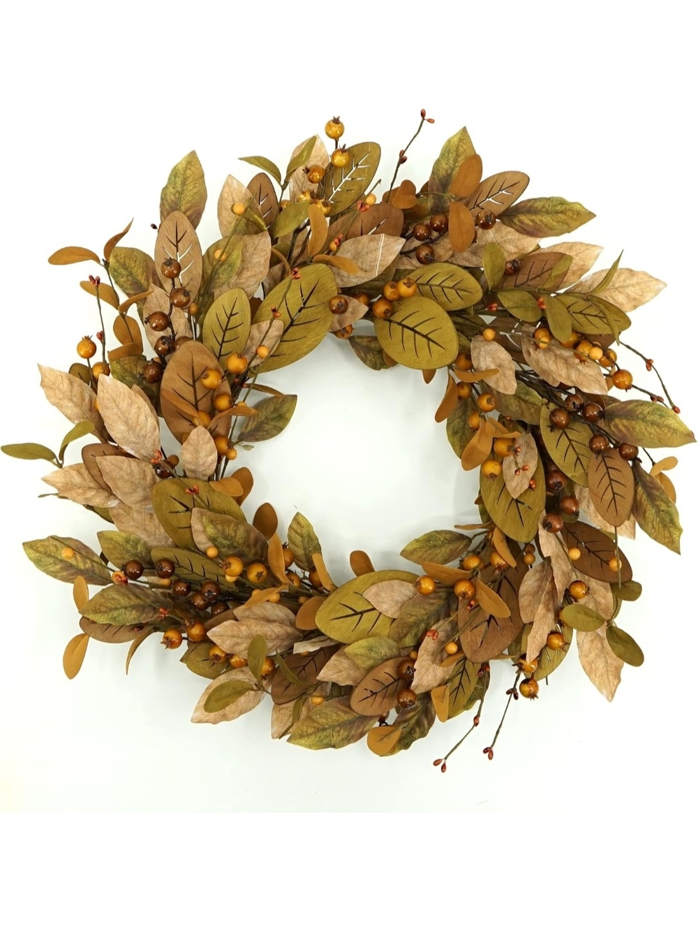 Autumn Leaf & Berry Wreath in Brown and Green -